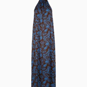 Abito lungo donna con spalla all'americana marrone fantasia fiori, ananas e angurie